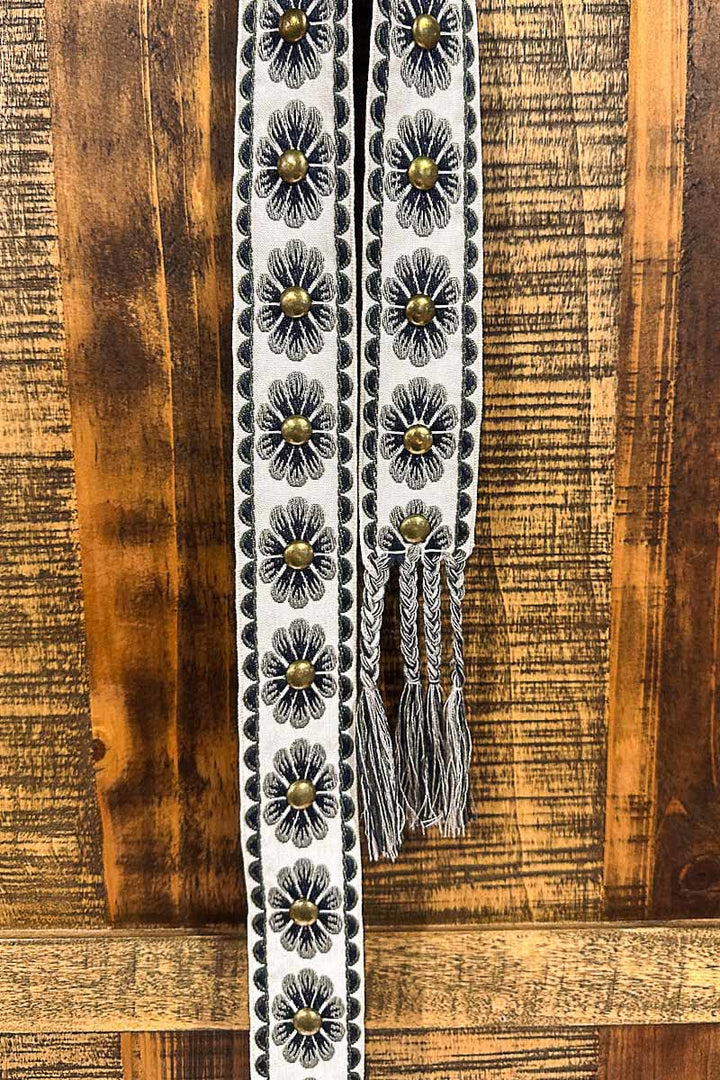 POL Stud Center Embroidered Scallop and Flower Braided End Tie Belt