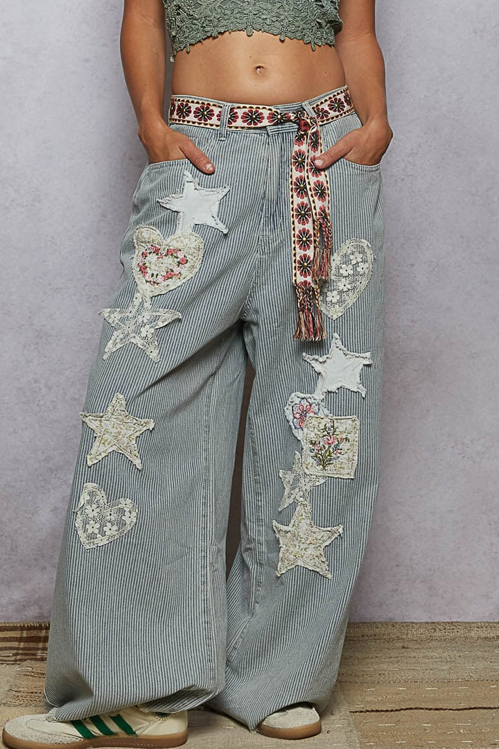 POL Stud Center Embroidered Scallop and Flower Braided End Tie Belt