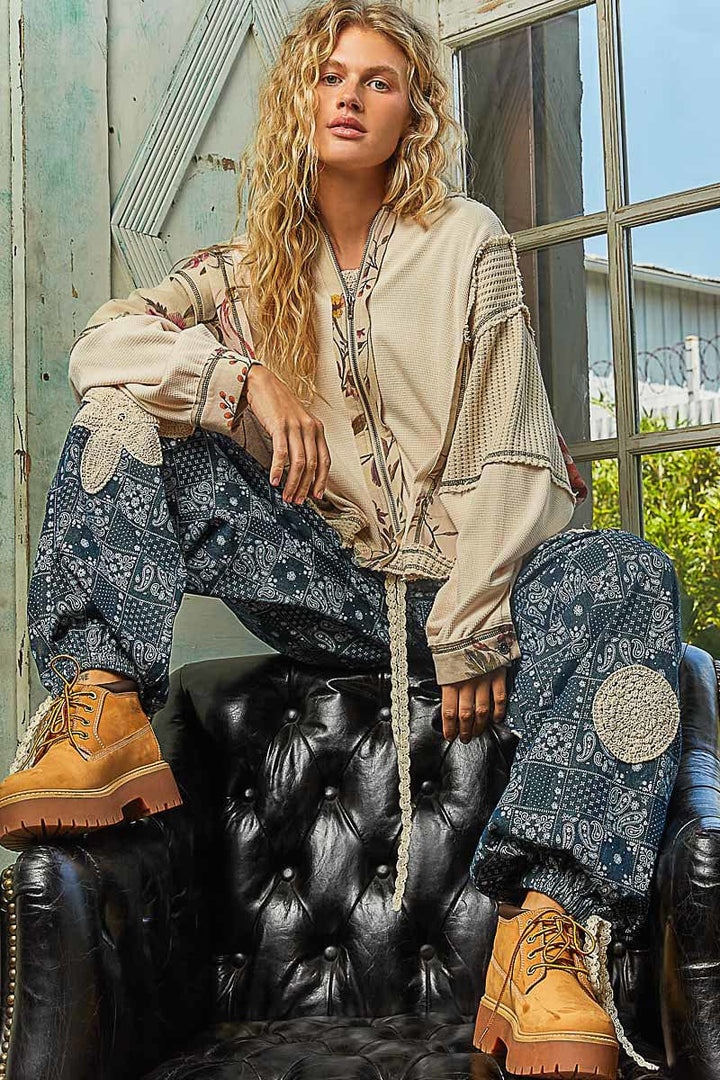 POL Thermal and Floral Mix Fabric Zip Up Hoodie with Overlocked Stitch Detailing