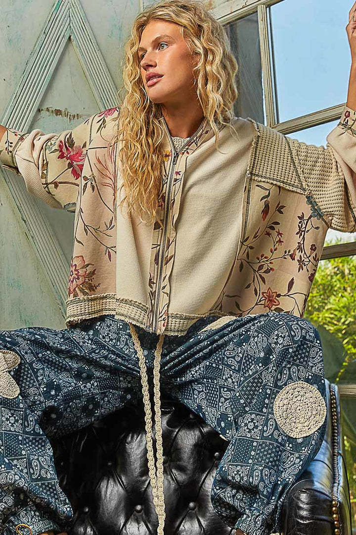 POL Thermal and Floral Mix Fabric Zip Up Hoodie with Overlocked Stitch Detailing