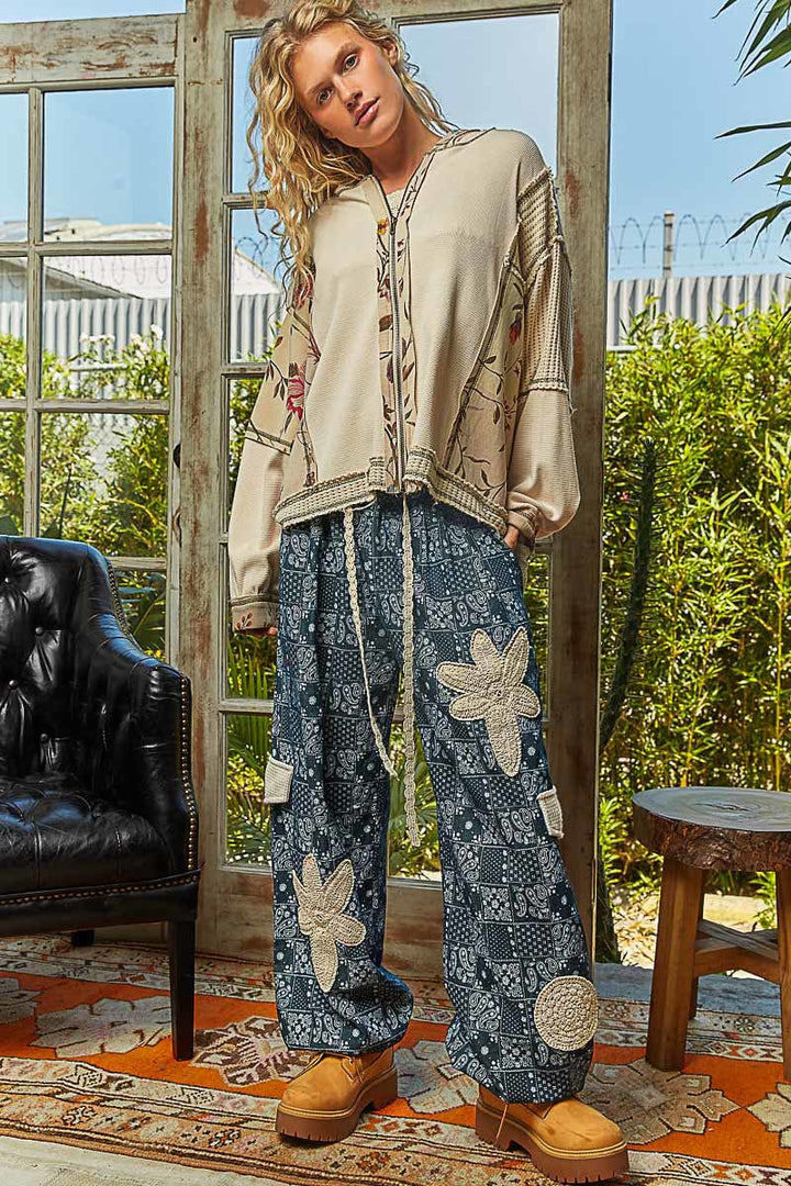 POL Thermal and Floral Mix Fabric Zip Up Hoodie with Overlocked Stitch Detailing