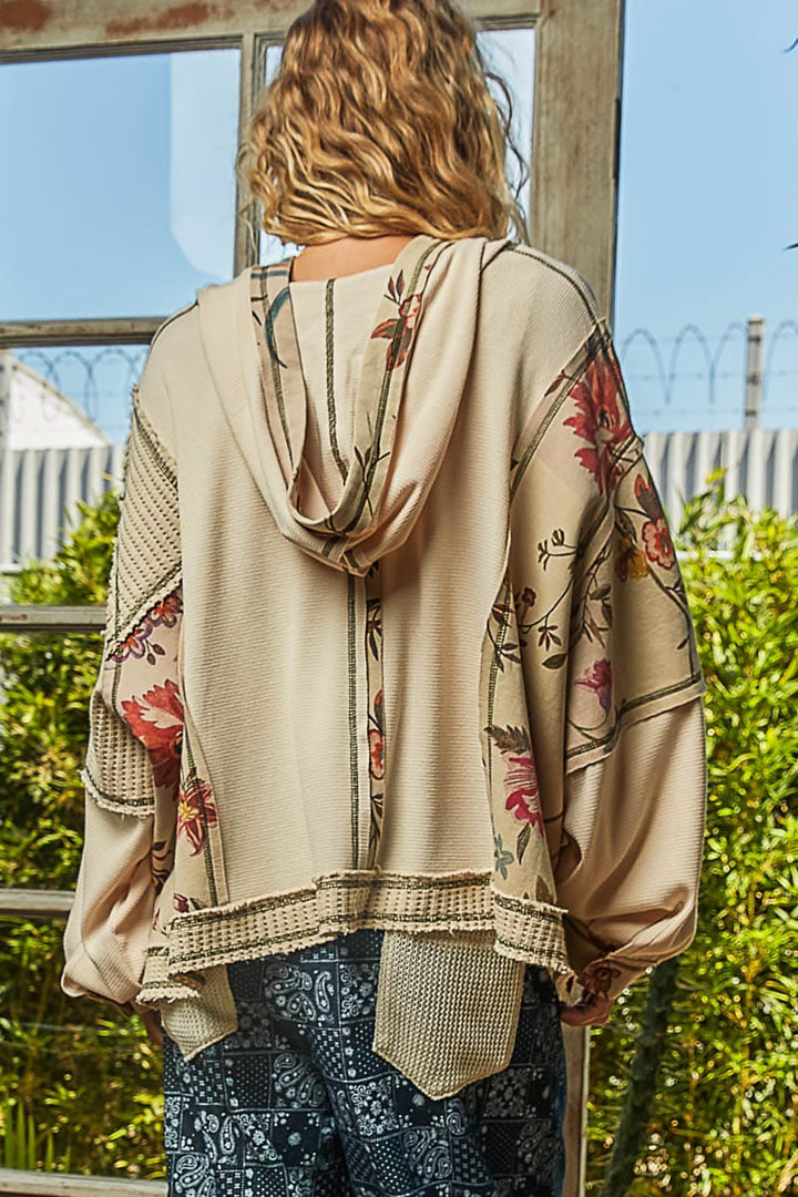 POL Thermal and Floral Mix Fabric Zip Up Hoodie with Overlocked Stitch Detailing