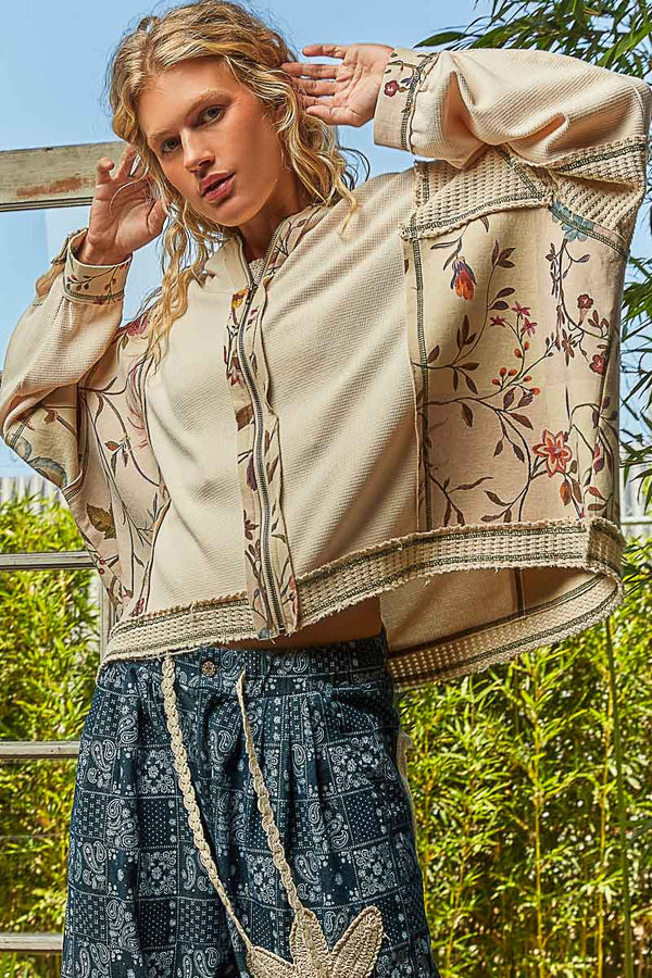 POL Thermal and Floral Mix Fabric Zip Up Hoodie with Overlocked Stitch Detailing