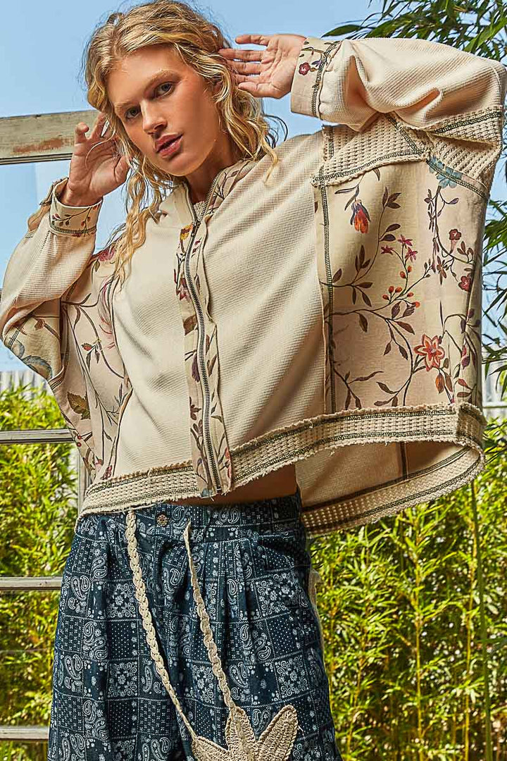 POL Thermal and Floral Mix Fabric Zip Up Hoodie with Overlocked Stitch Detailing