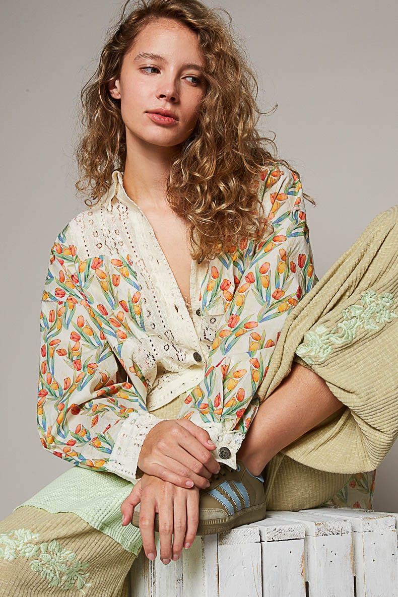 POL Tulip Printed Long Sleeve Woven Lace Button Down Shirt