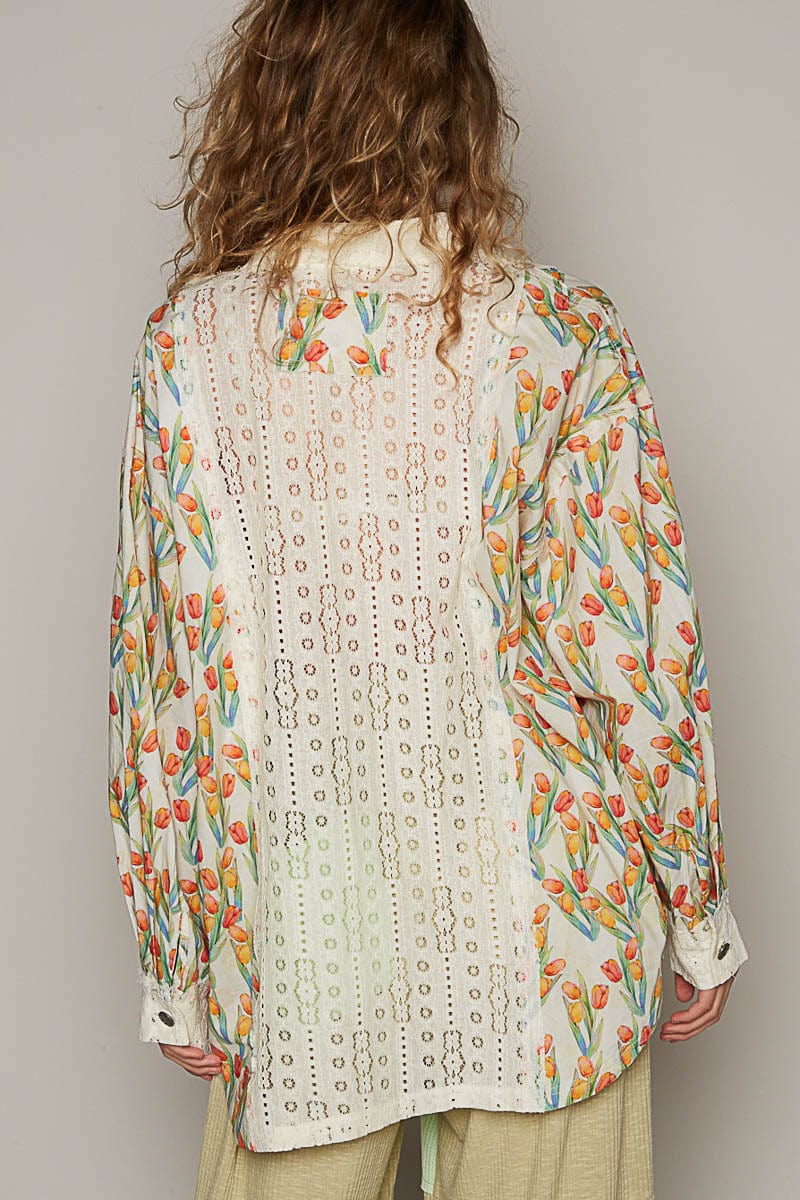 POL Tulip Printed Long Sleeve Woven Lace Button Down Shirt