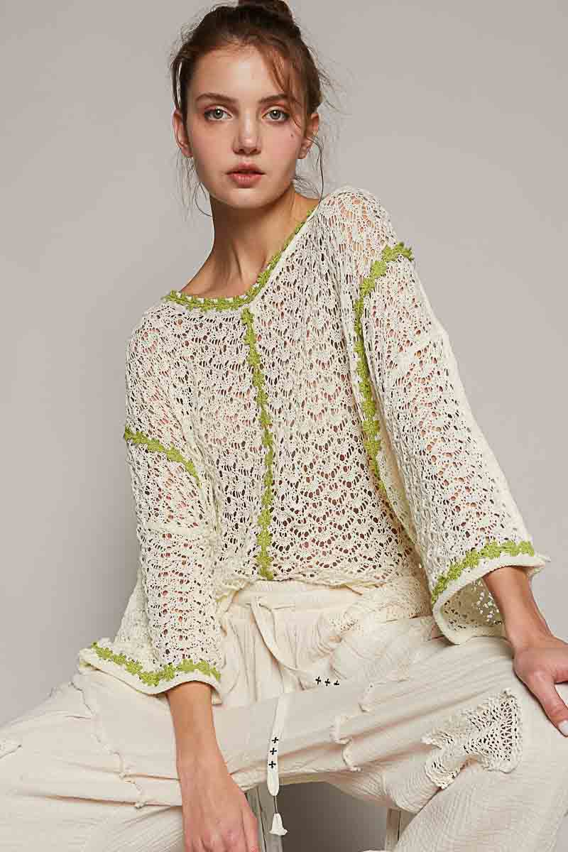 POL U-Neck Three Quarter Sleeve Sweater Top with Contrast Floral Detailing