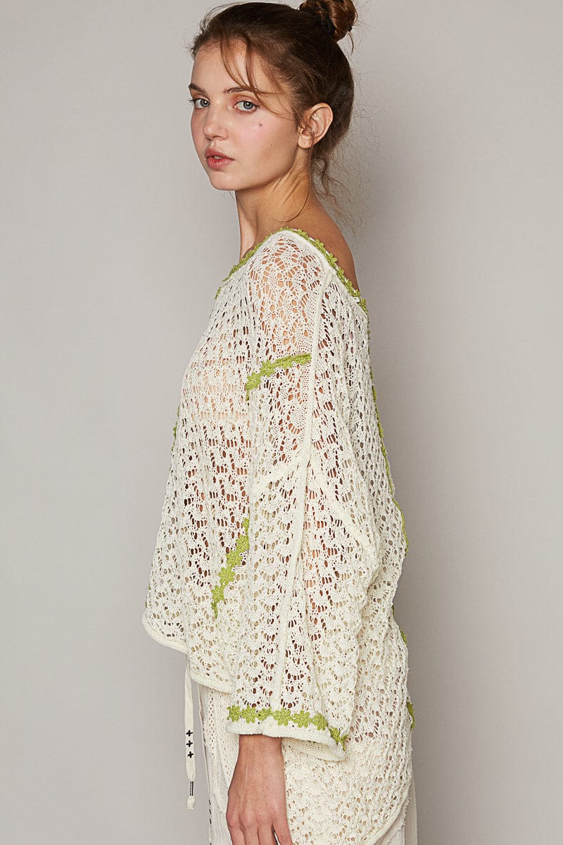 POL U-Neck Three Quarter Sleeve Sweater Top with Contrast Floral Detailing