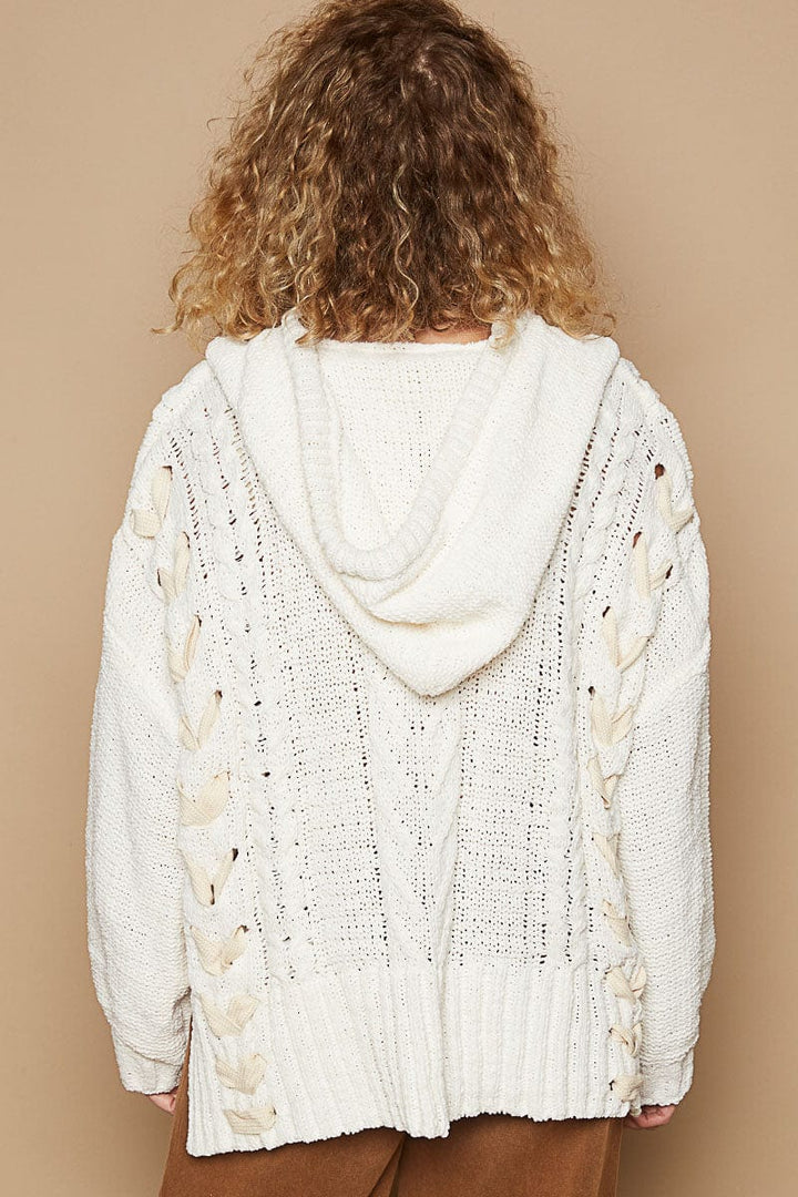 POL V-Neck Balloon Sleeve Relaxed Fit Chenille Knit Sweater Hoodie with Braid Detailing