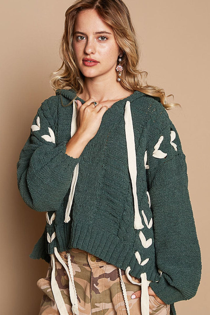 POL V-Neck Balloon Sleeve Relaxed Fit Chenille Knit Sweater Hoodie with Braid Detailing