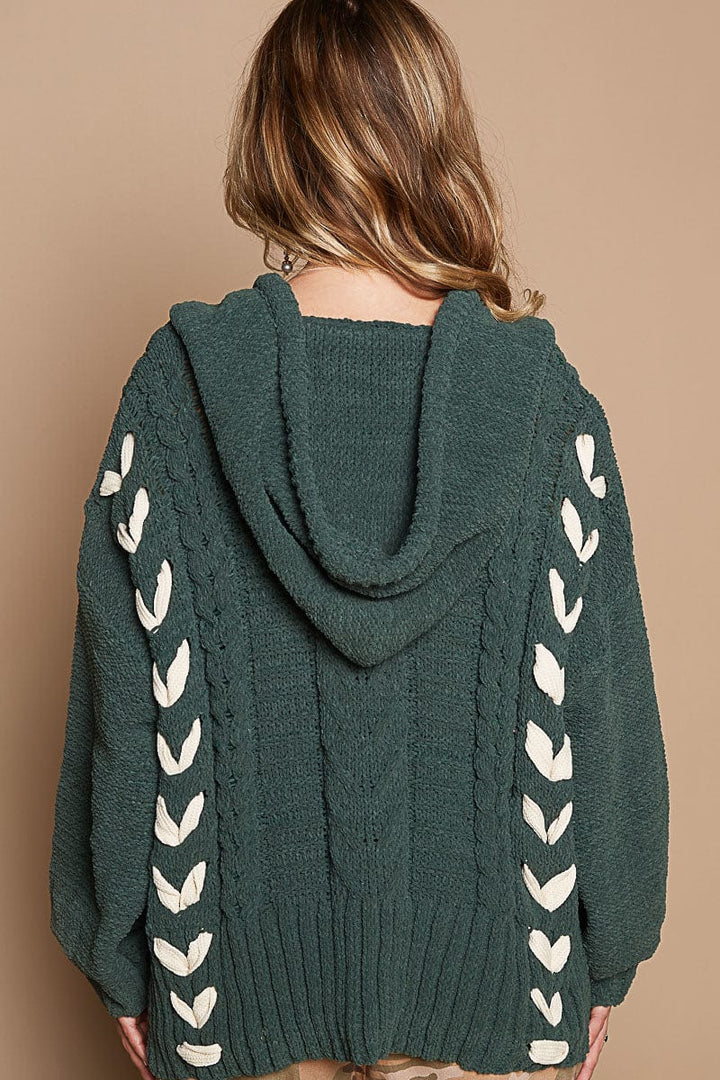 POL V-Neck Balloon Sleeve Relaxed Fit Chenille Knit Sweater Hoodie with Braid Detailing