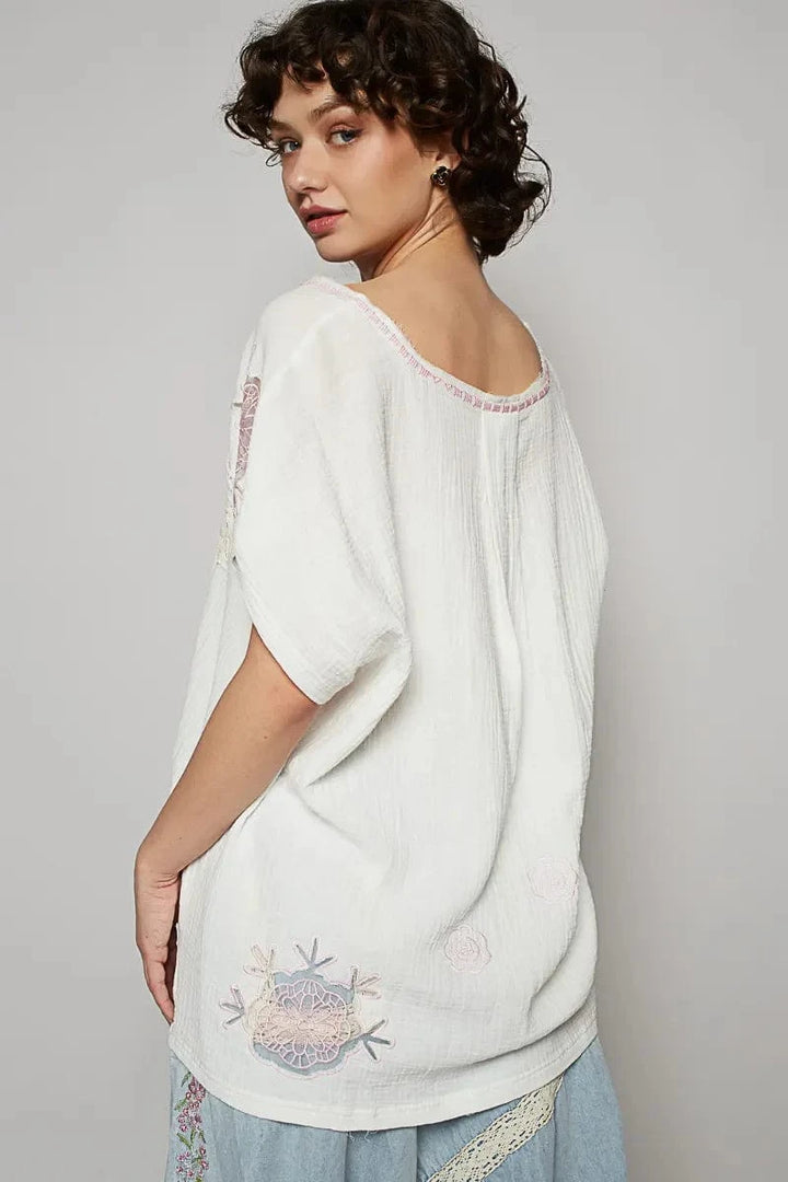 POL V-Neck Embroidery Detailed See-Through Floral Patch Short Sleeve Gauze Top