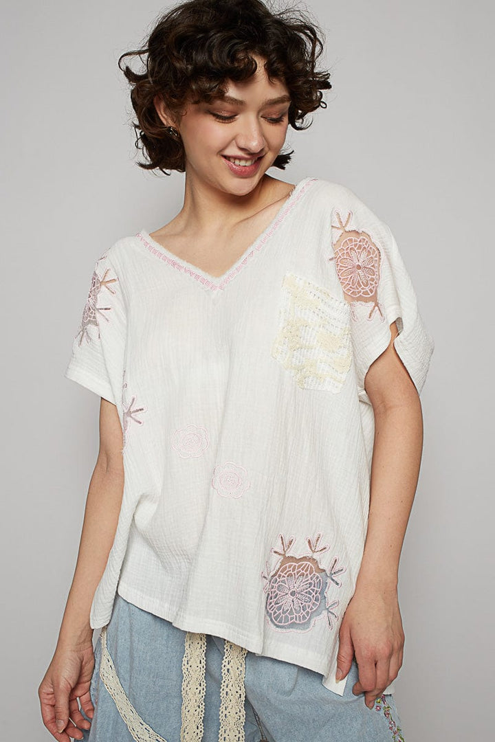 POL V-Neck Embroidery Detailed See-Through Floral Patch Short Sleeve Gauze Top