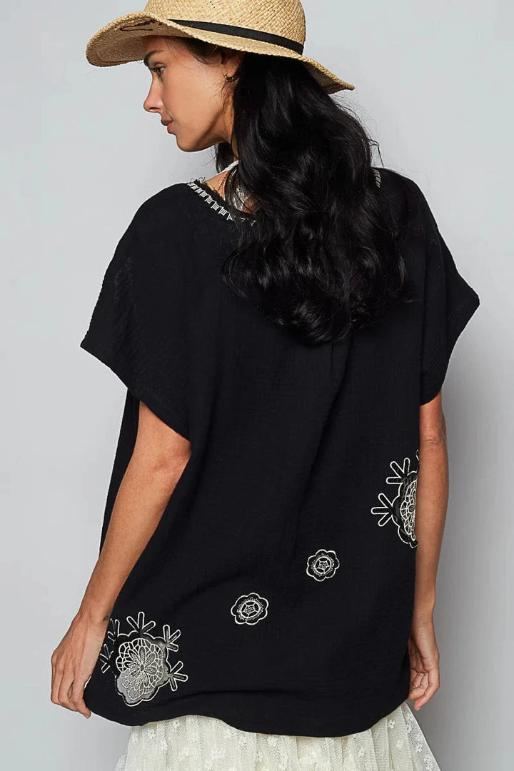 POL V-Neck Embroidery Detailed See-Through Floral Patch Short Sleeve Gauze Top