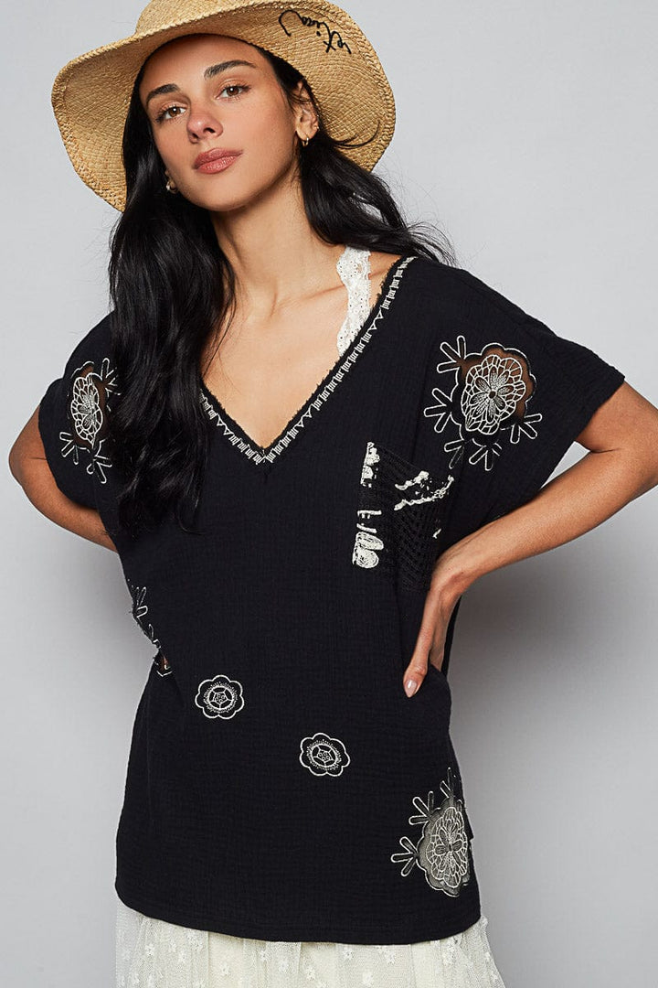 POL V-Neck Embroidery Detailed See-Through Floral Patch Short Sleeve Gauze Top