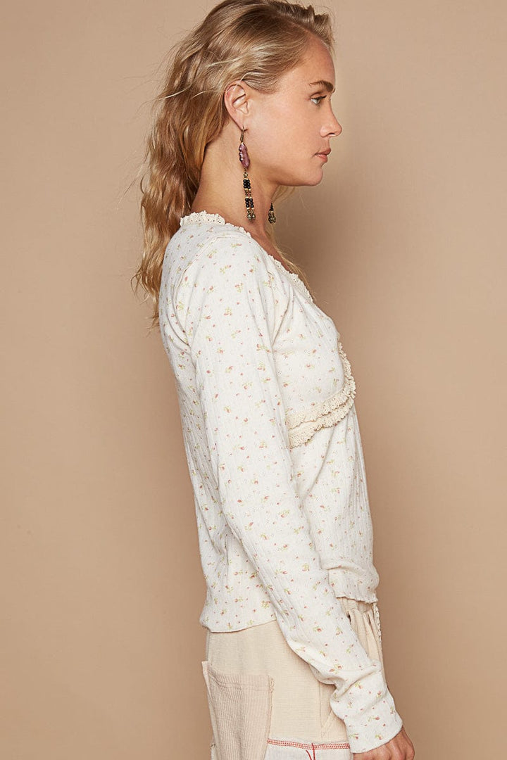 POL V-Neck Floral Print Knit Trim Point Vintage Washed Long Sleeve Top