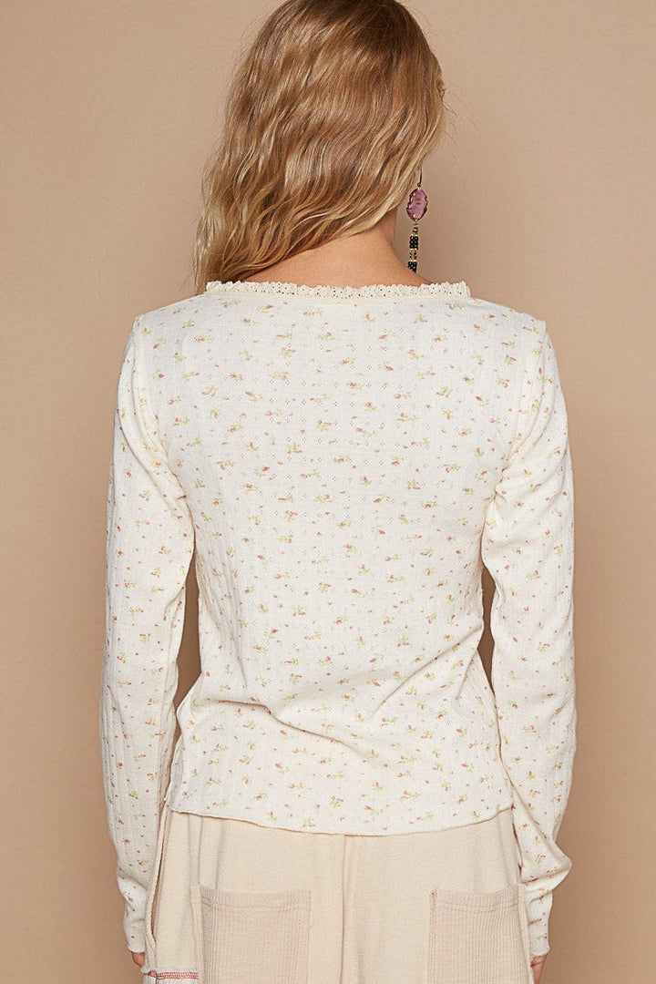 POL V-Neck Floral Print Knit Trim Point Vintage Washed Long Sleeve Top