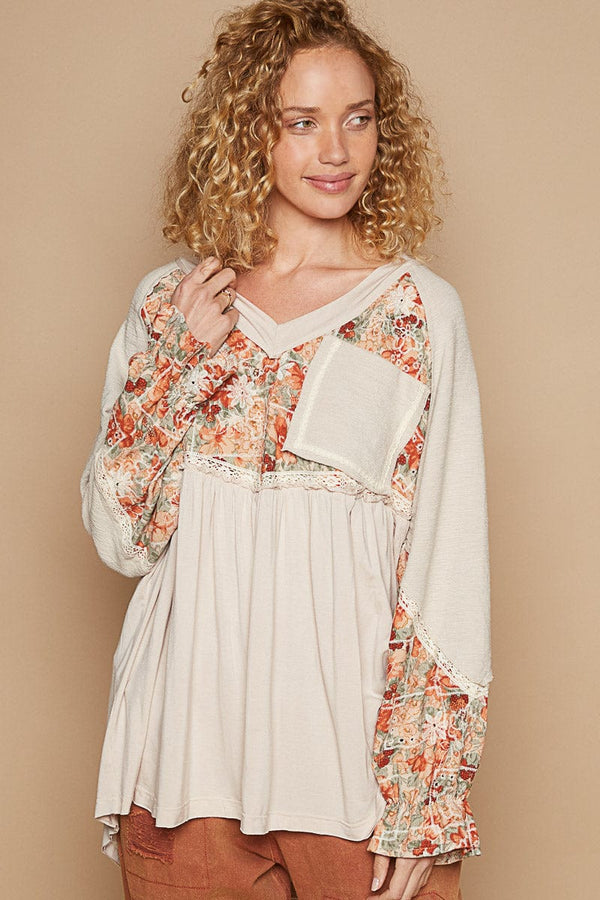 POL V-Neck Front Pocket Balloon Sleeve Floral Jersey Top