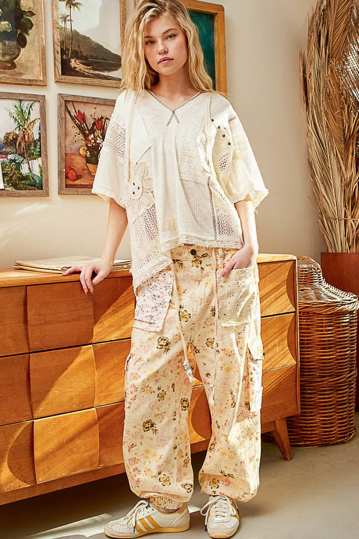 POL V-Neck Lightweight Ribbed Fabric Hooded Short Sleeve Top with Floral Lace Patches