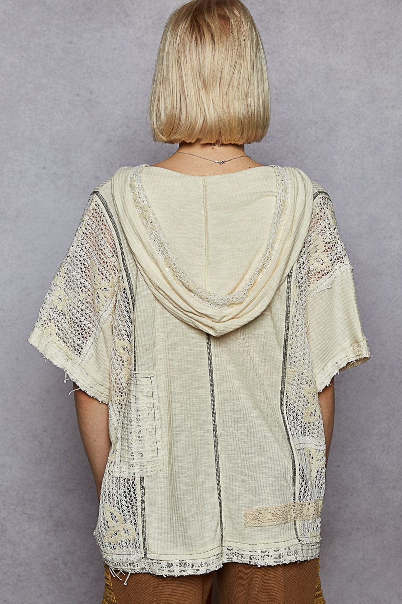 POL V-Neck Lightweight Ribbed Fabric Hooded Short Sleeve Top with Floral Lace Patches