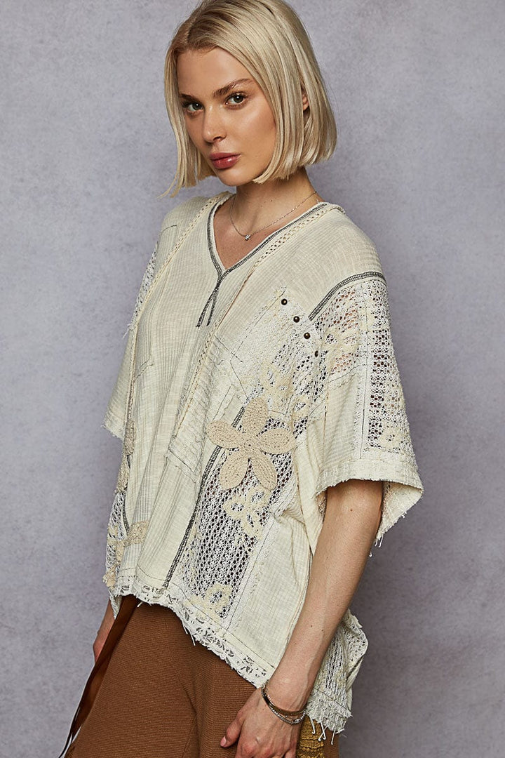 POL V-Neck Lightweight Ribbed Fabric Hooded Short Sleeve Top with Floral Lace Patches