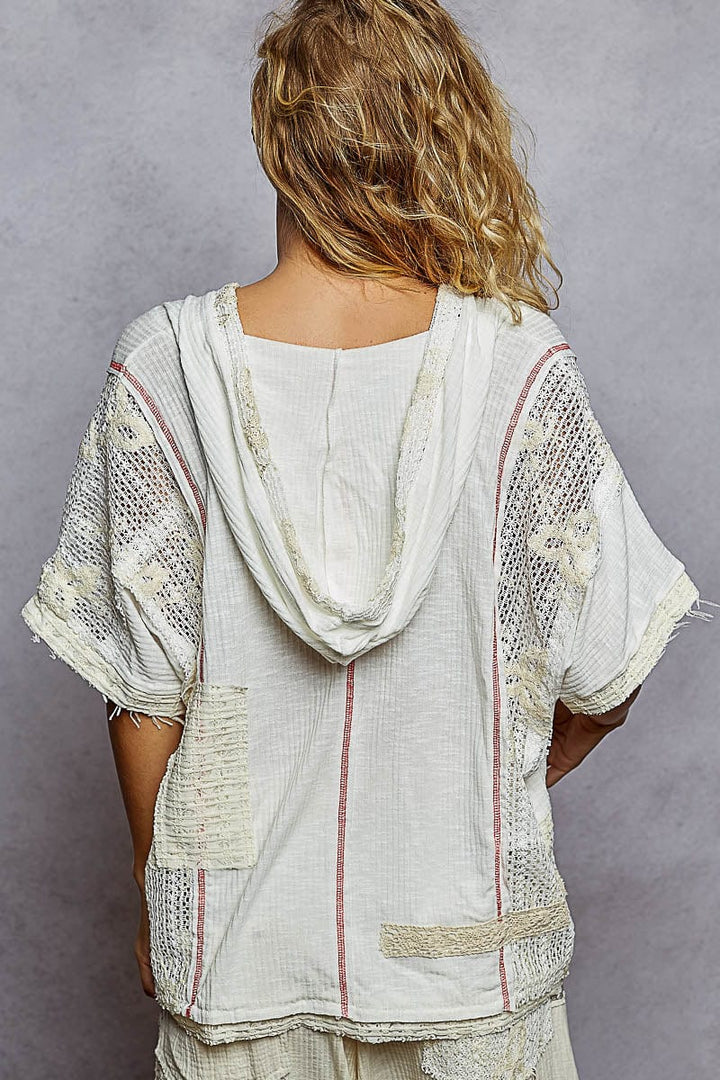 POL V-Neck Lightweight Ribbed Fabric Hooded Short Sleeve Top with Floral Lace Patches