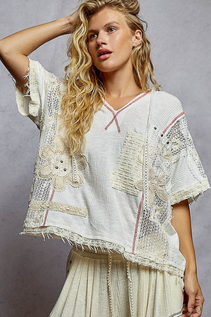 POL V-Neck Lightweight Ribbed Fabric Hooded Short Sleeve Top with Floral Lace Patches