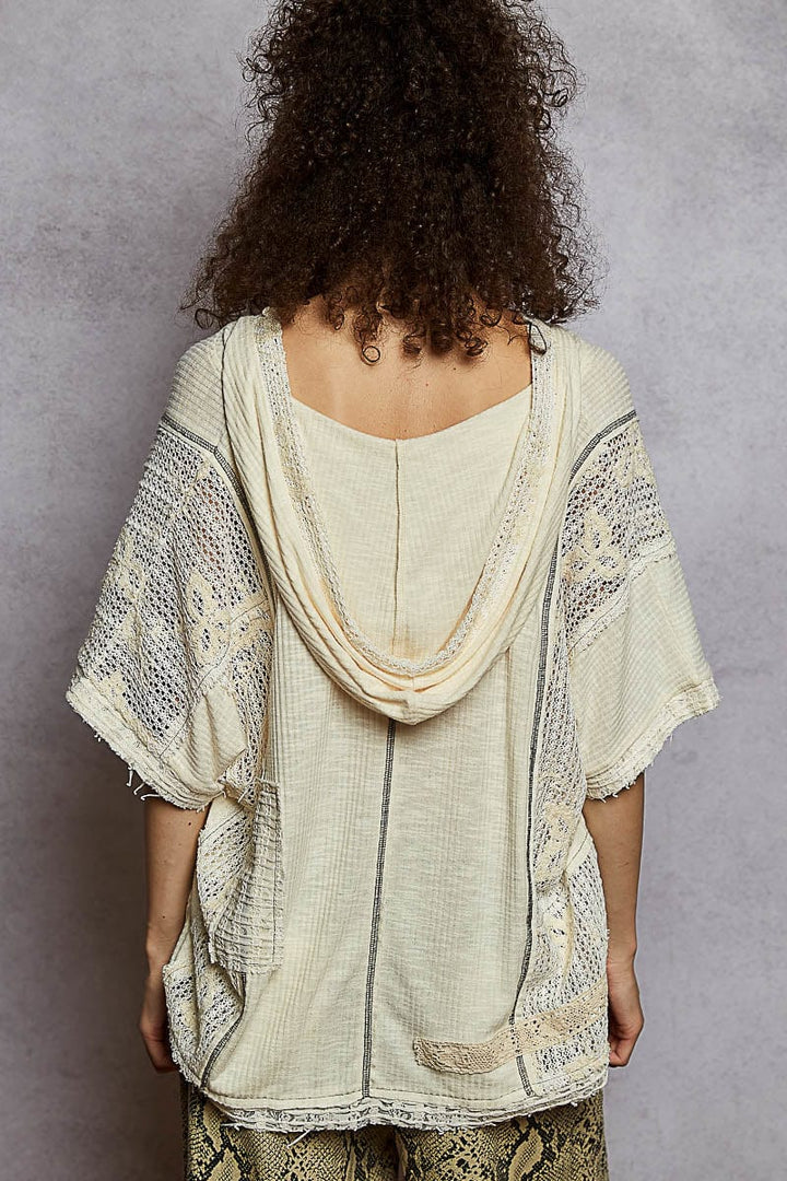 POL V-Neck Lightweight Ribbed Fabric Hooded Short Sleeve Top with Floral Lace Patches