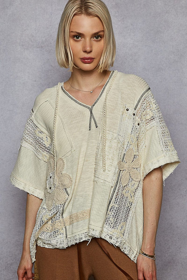 POL V-Neck Lightweight Ribbed Fabric Hooded Short Sleeve Top with Floral Lace Patches