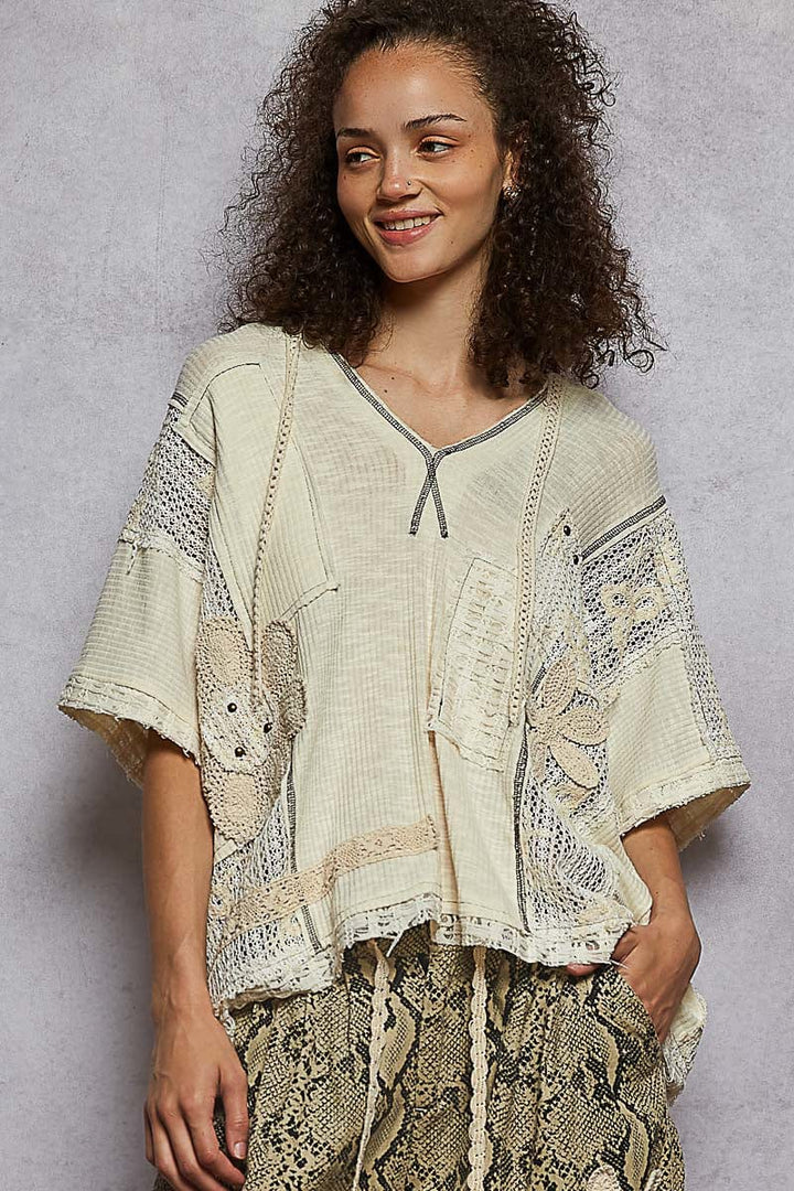 POL V-Neck Lightweight Ribbed Fabric Hooded Short Sleeve Top with Floral Lace Patches