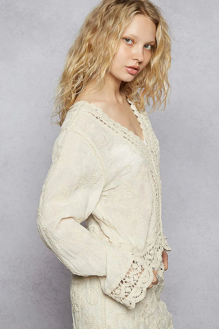 POL V-Neck Long Sleeve Cropped Sheer Top with Embroidery and Detailed Crochet Trim