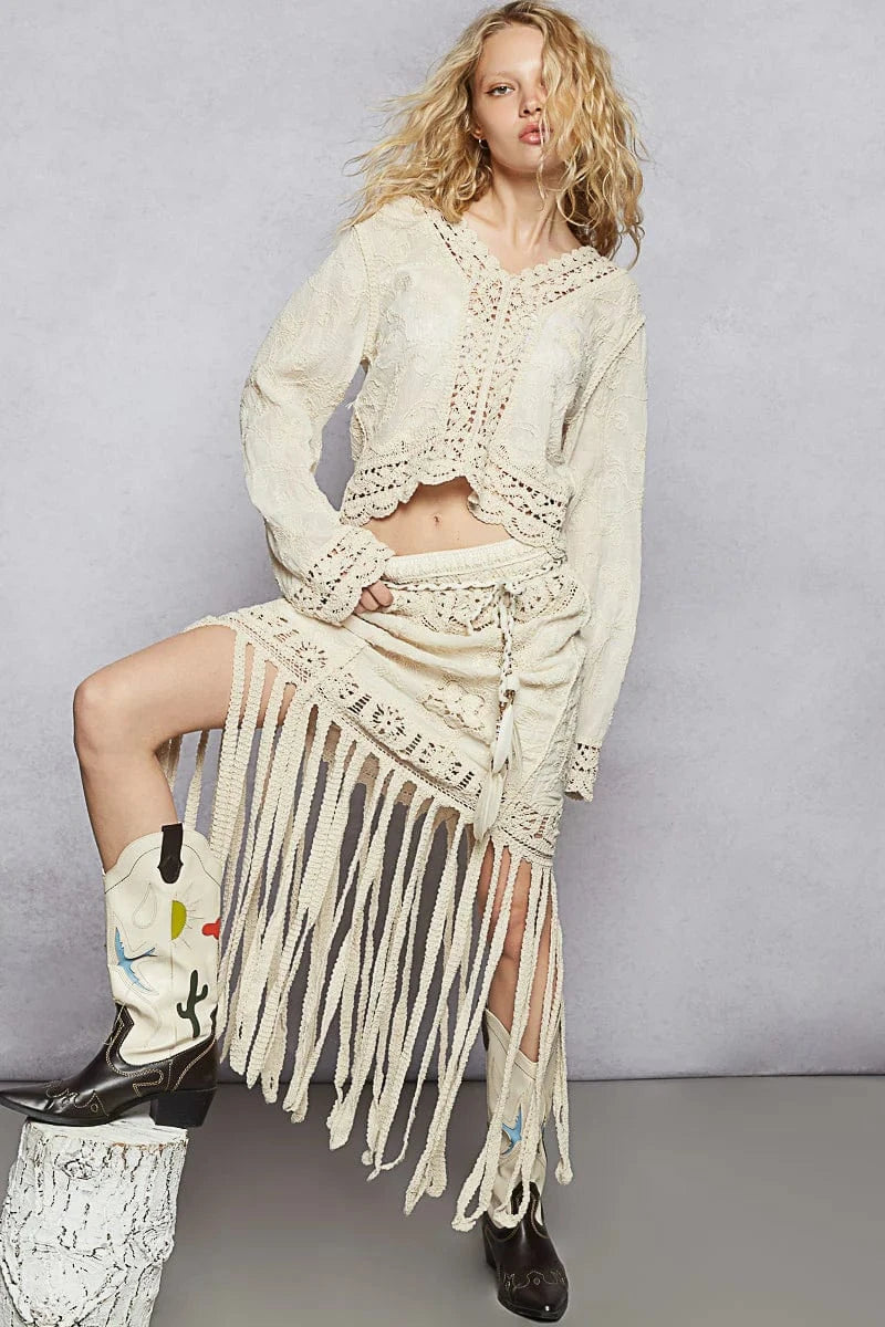 POL V-Neck Long Sleeve Cropped Sheer Top with Embroidery and Detailed Crochet Trim