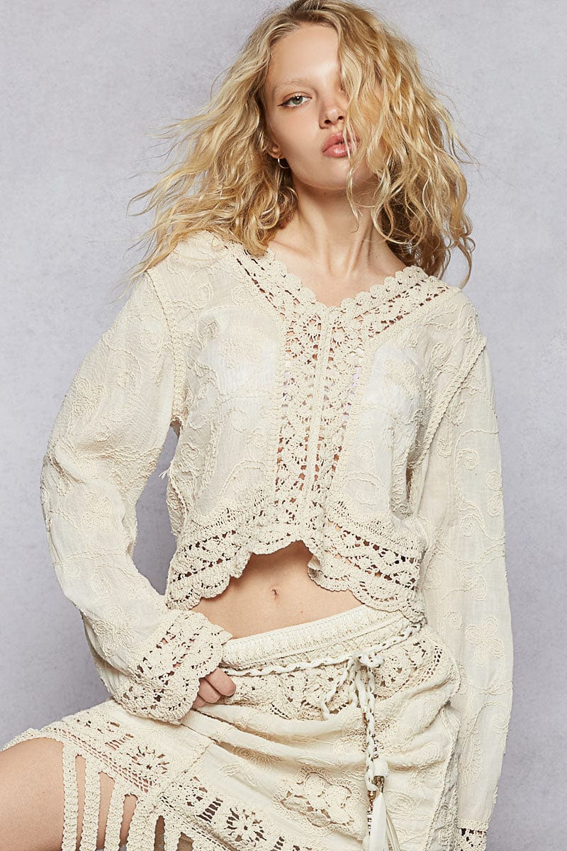 POL V-Neck Long Sleeve Cropped Sheer Top with Embroidery and Detailed Crochet Trim