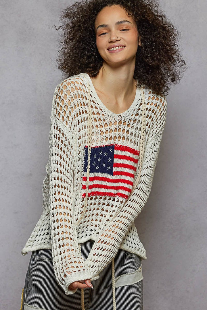 POL V-Neck Long Sleeve Regular Fit American Flag Stitch Crochet Pullover Hoodie