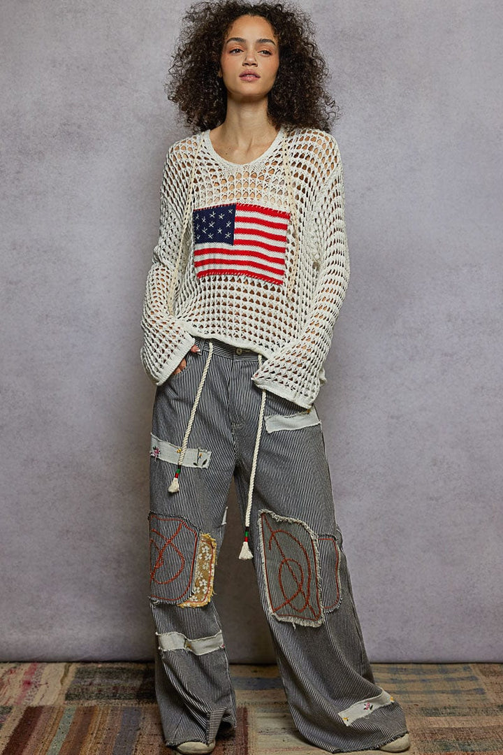 POL V-Neck Long Sleeve Regular Fit American Flag Stitch Crochet Pullover Hoodie