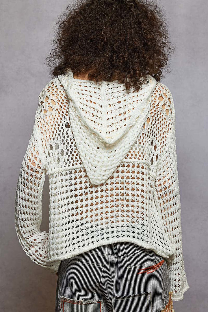 POL V-Neck Long Sleeve Regular Fit American Flag Stitch Crochet Pullover Hoodie
