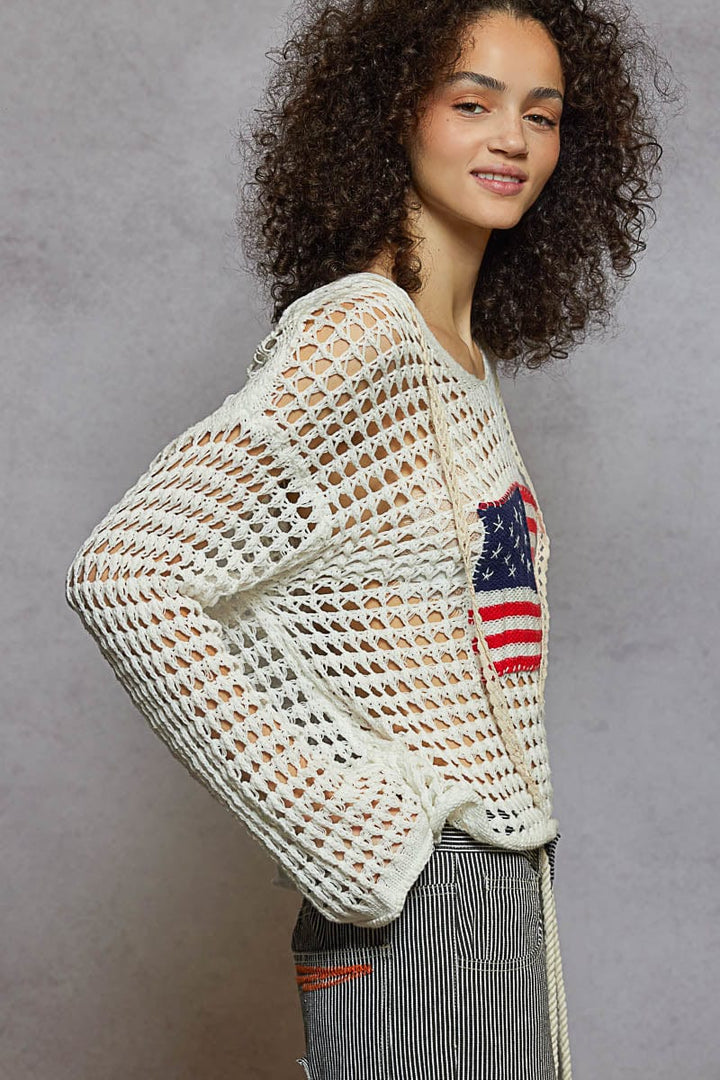POL V-Neck Long Sleeve Regular Fit American Flag Stitch Crochet Pullover Hoodie