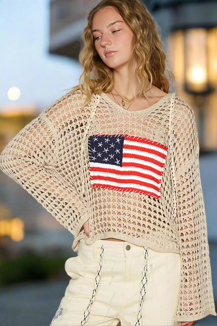 POL V-Neck Long Sleeve Regular Fit American Flag Stitch Crochet Pullover Hoodie