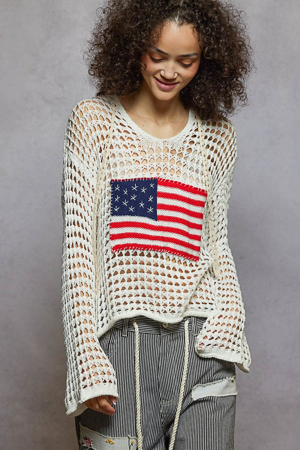 POL V-Neck Long Sleeve Regular Fit American Flag Stitch Crochet Pullover Hoodie