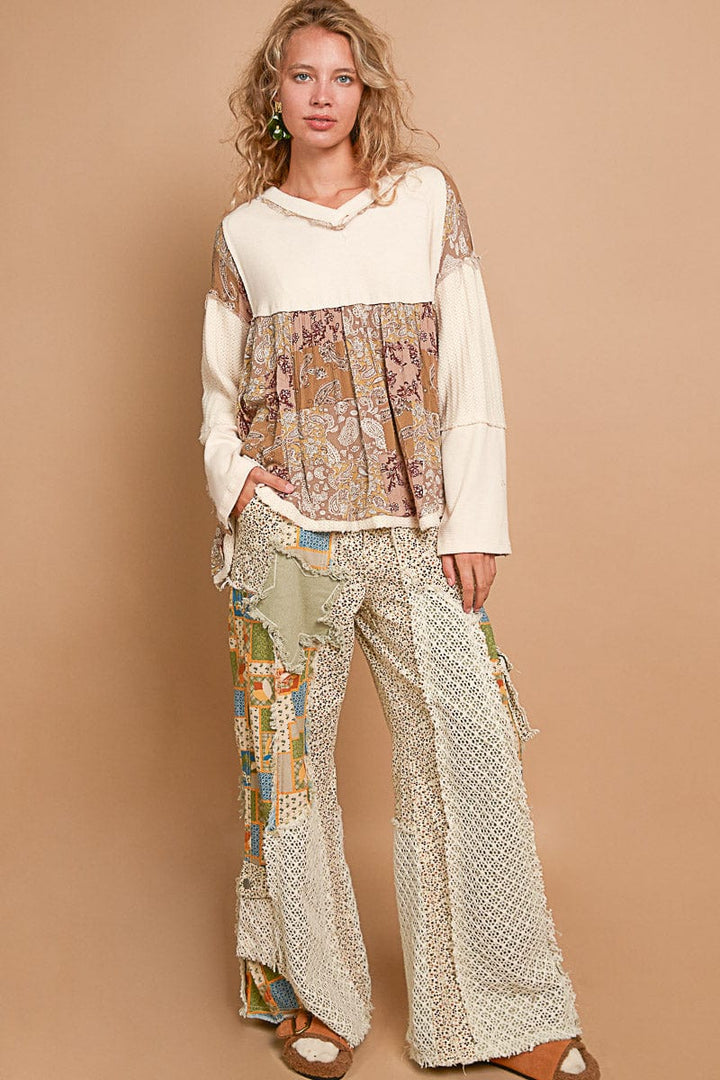 POL V-Neck Overlay Mixed Print Fabric Long Sleeve Top