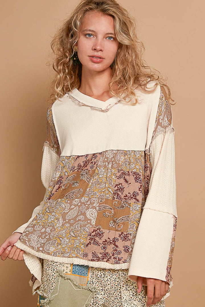 POL V-Neck Overlay Mixed Print Fabric Long Sleeve Top