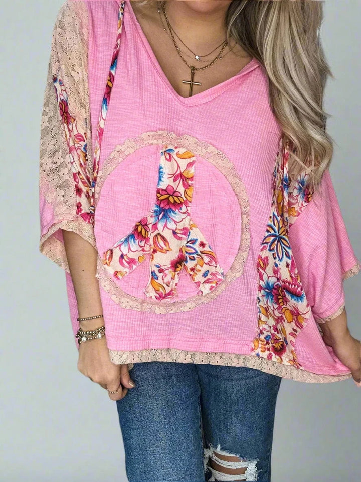 POL V-Neck Peace Sign Design Oversized Drop Shoulder Hoodie with Lace Patchwork