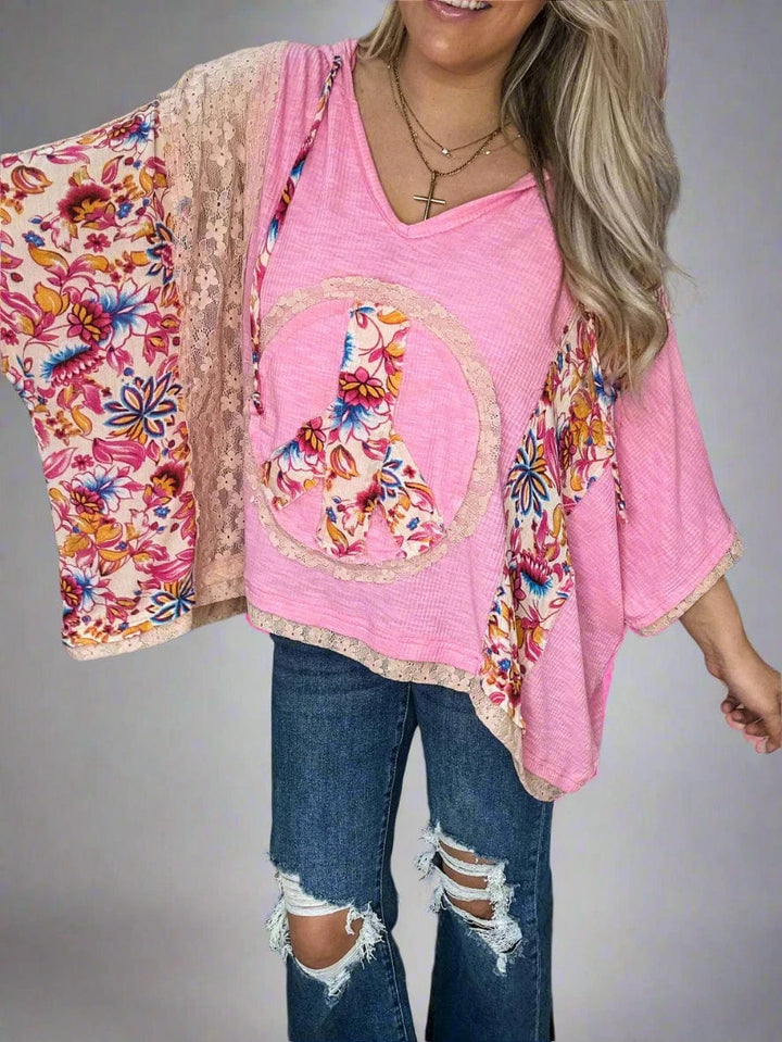 POL V-Neck Peace Sign Design Oversized Drop Shoulder Hoodie with Lace Patchwork
