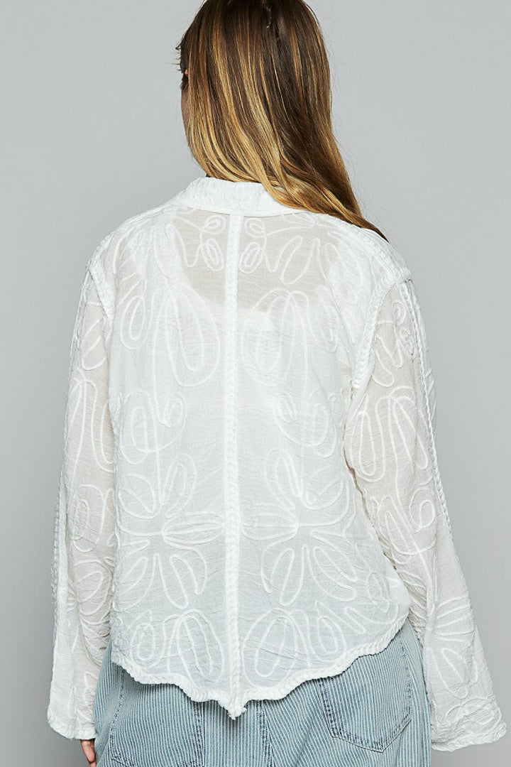 POL Wavy Trim Semi-Sheer Floral Embroidered Lace Trim Button Up Shacket
