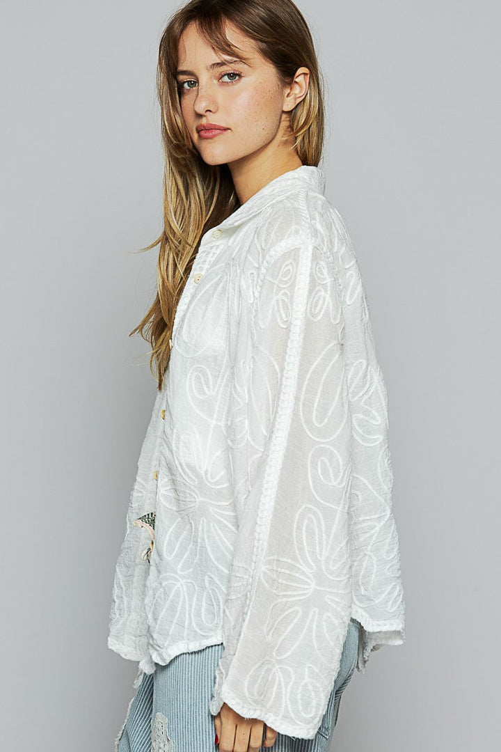 POL Wavy Trim Semi-Sheer Floral Embroidered Lace Trim Button Up Shacket