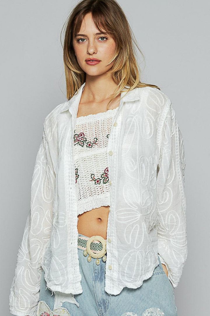 POL Wavy Trim Semi-Sheer Floral Embroidered Lace Trim Button Up Shacket