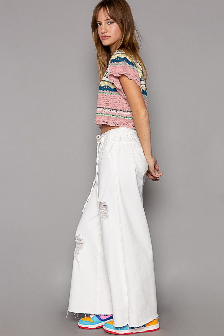 POL Wide Leg Distressed Denim Pants with Drawstring Waistband