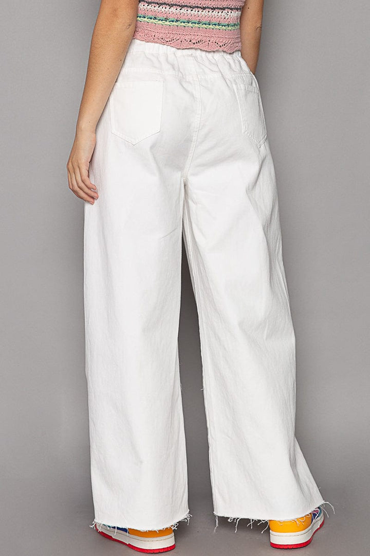 POL Wide Leg Distressed Denim Pants with Drawstring Waistband
