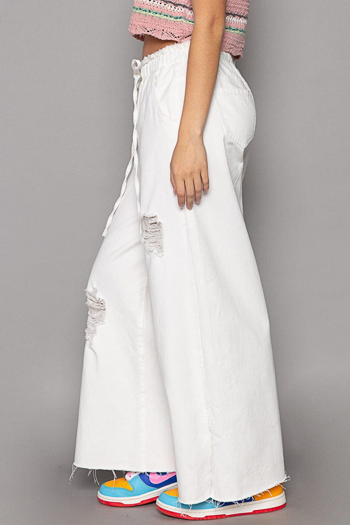POL Wide Leg Distressed Denim Pants with Drawstring Waistband