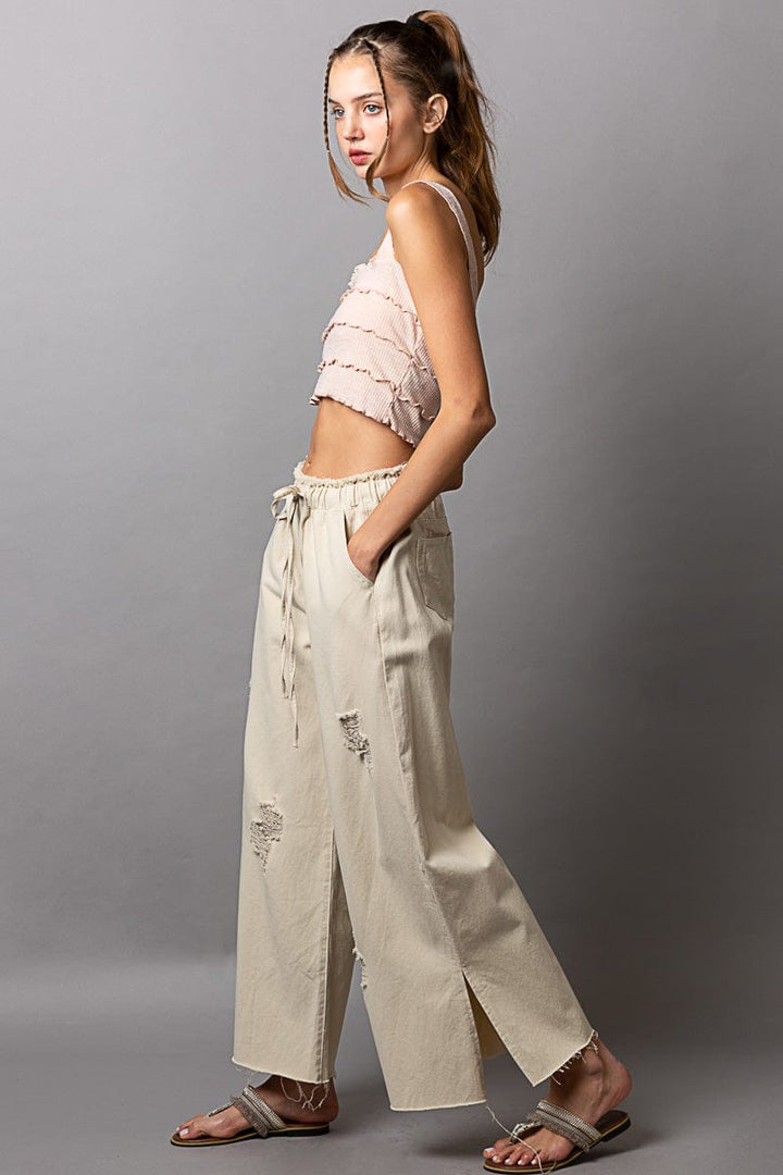 POL Wide Leg Distressed Denim Pants with Drawstring Waistband